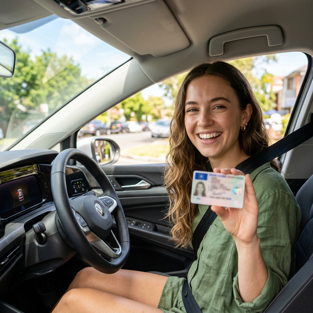 Conductora feliz enseñando su carnet renovado